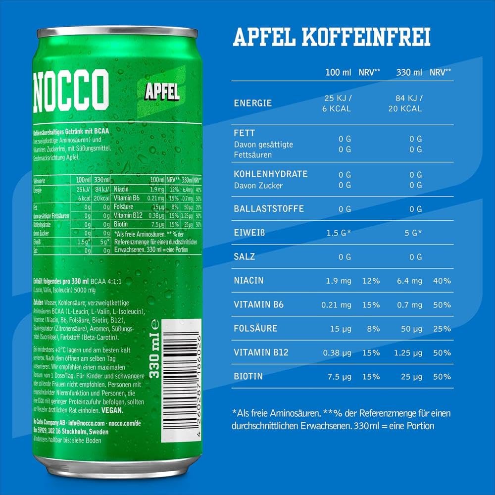 NOCCO BCAA - Bebida Energética con 180mg Cafeína, 3000 mg BCAA, Sin Azúcar, Sin Carbohidratos, Enriquecida con Vitaminas - 24 x 330ml inkl. Pfand (Manzana)