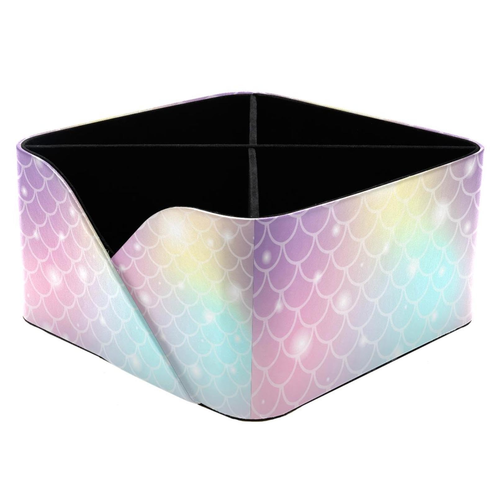 KengjuTesu Fish Scale and Shining Unicorn Magic Color Mermaid Pattern Desktop Organizer Pen Holder, Rectangular Pencil Cup for Office, Study and Makeup Stations