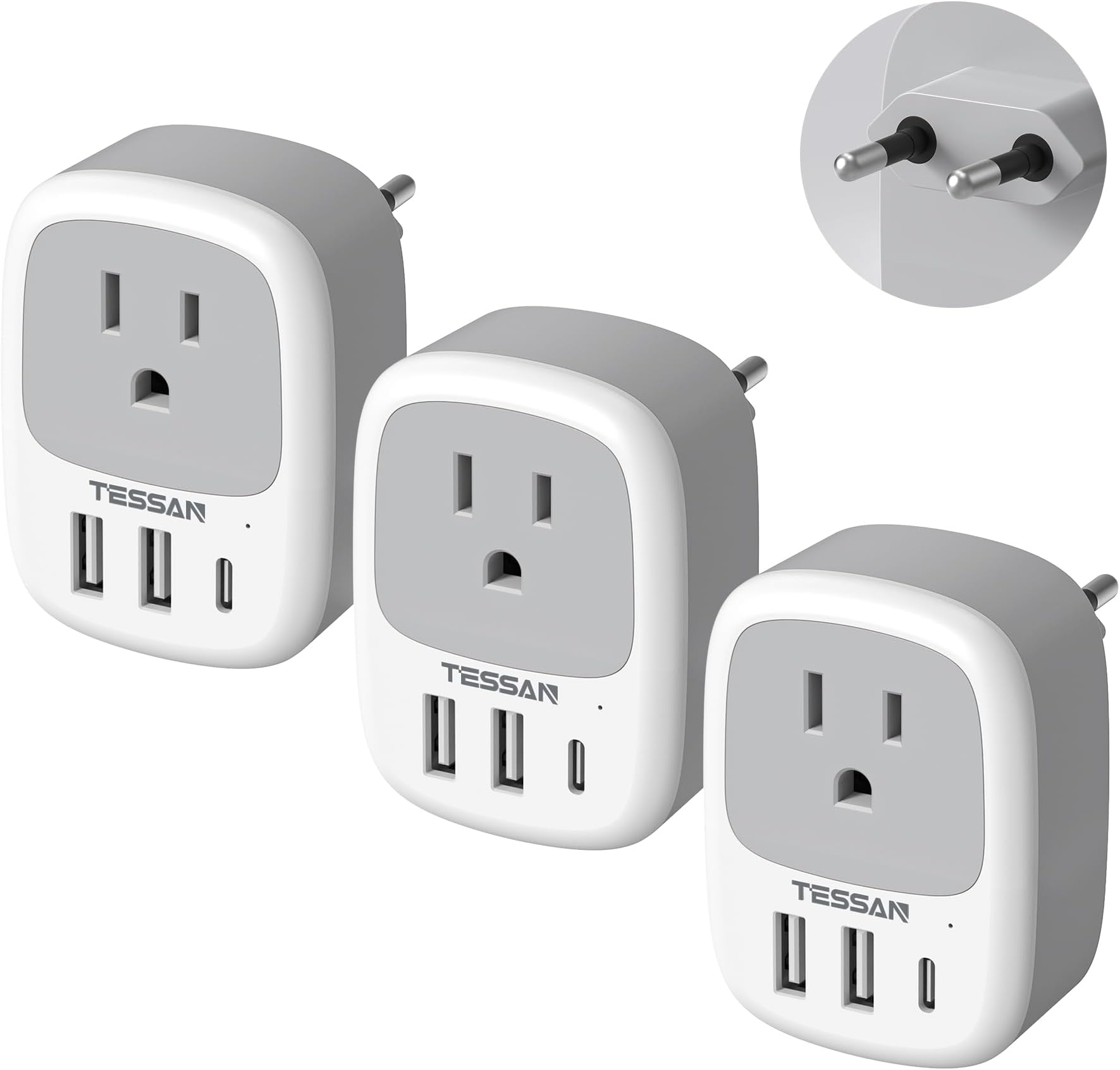 3 Pack European Travel Plug Adapter, TESSAN US to Europe Plug Adapter with 3 USB Ports (1 USB C), Type C Power Adaptor for EU International Italy Spain France Greece Iceland Germany