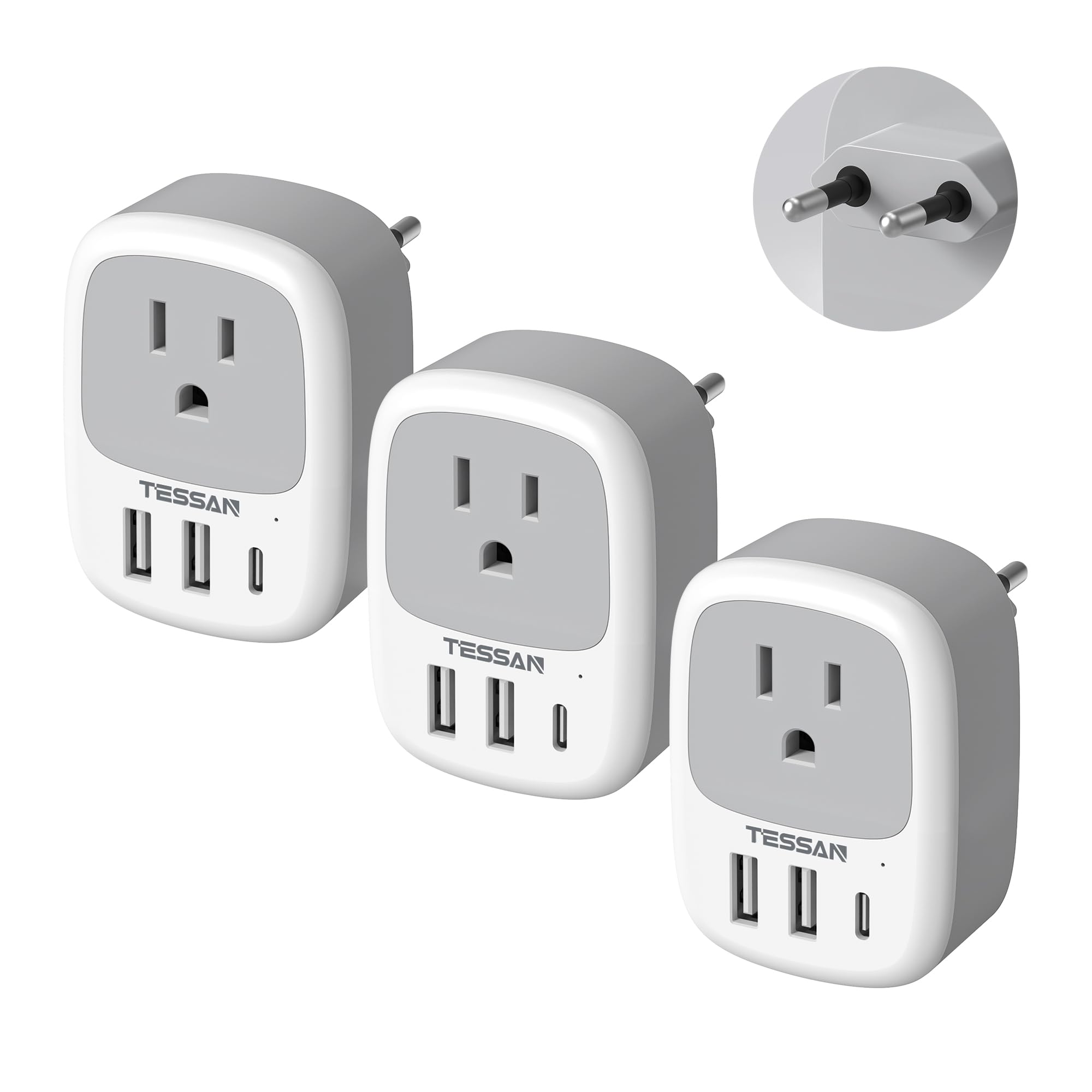 3 Pack European Travel Plug Adapter, TESSAN US to Europe Plug Adapter with 3 USB Ports (1 USB C), Type C Power Adaptor for EU International Italy Spain France Greece Iceland Germany