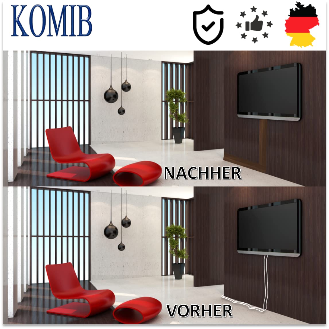 KOMIB KK3030BR Kabelkanal 30 x 30 x 2000mm braun PVC 5 Stück (10 Meter - 5 x2m) / Elektrokanalinstallation/Kabelführung/VDE