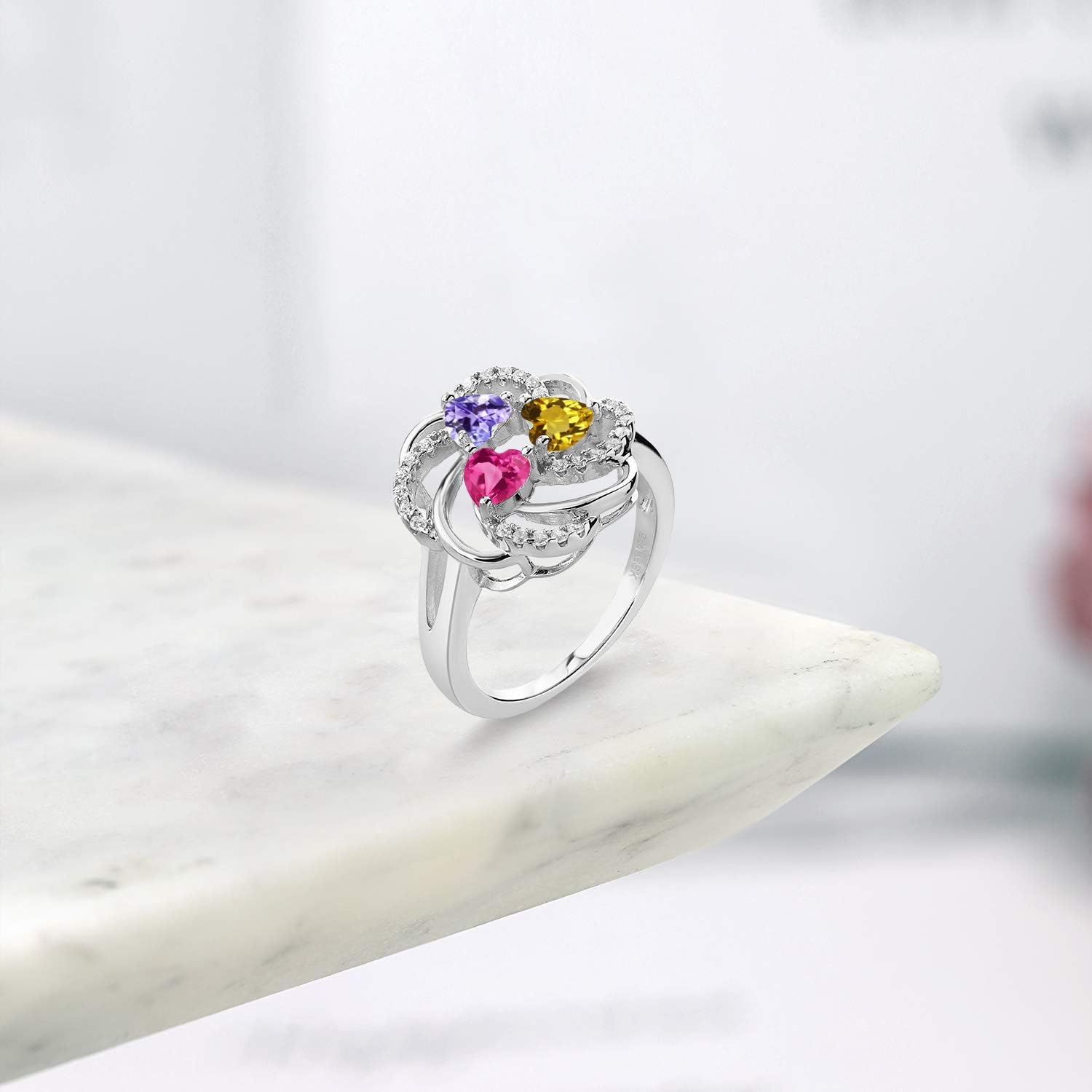 Gem Stone King Customized and Personalized 3-Stone Heart Ring For Women | 925 Sterling Silver | 4MM Heart Shape | Gemstone Birthstone | Available In Size 5, 6, 7, 8, 9