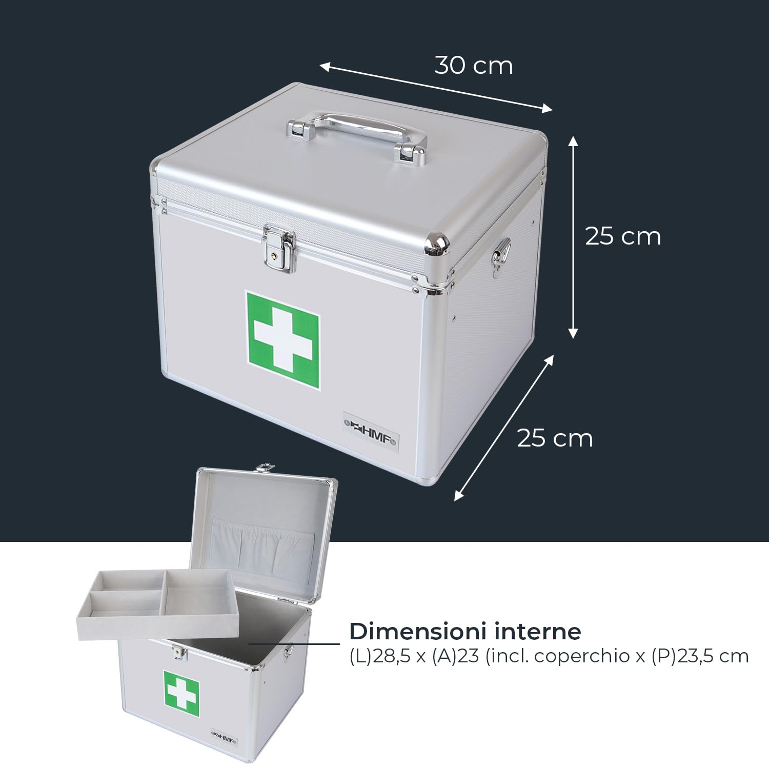 HMF 14702-09 - Valigetta di pronto soccorso in alluminio con maniglia, 30 x 25 x 25 cm