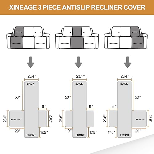 Miniatura 5 de XINEAGE Funda reclinable resistente al agua, fundas para sofá reclinable de 3 asientos con bolsillos, funda protectora acolchada gruesa para perros