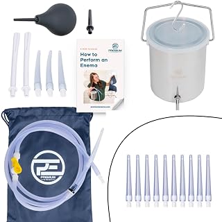 PE Premium Enema Stainless Steel Enema Bucket Kit with 10 Pack Replacement Flexible Tips with Connectors. Suitable for Coffee and Water Colon Cleansing. 2 Quart Capacity, 6.75 Foot Long Hose, 7 Tips