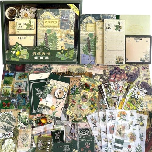 Image of GDNK 346pcs Vintage Journal Scrapbook Pack Kit for Art Journaling Bullet, Planners DIY Paper Stickers, Craft Kits Notebook, Collage Album Aesthetic Sticker (Moonlight) (Green)