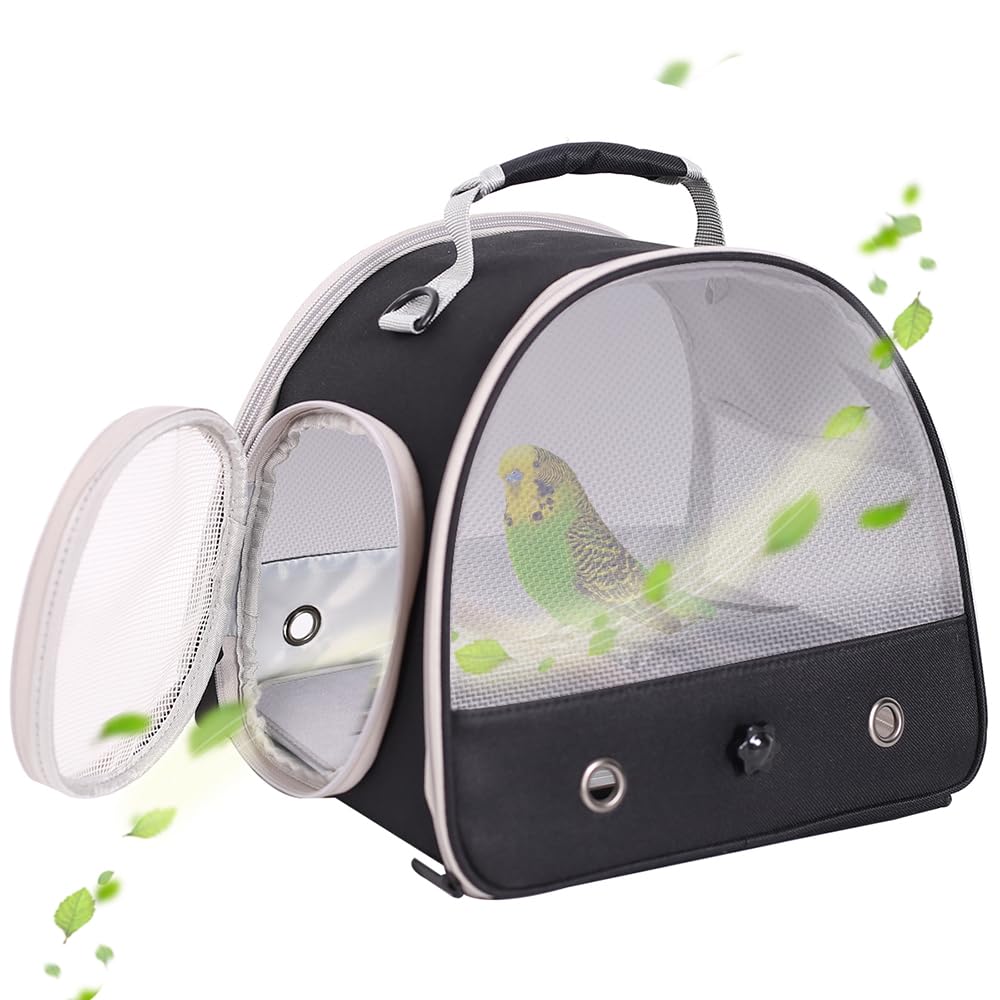 Bird Carrier, Portable Small Bird Parrot Parakeet Carrier with Standing Perch (No Tray), Side Access Window Collapsible (Black, Mesh Windows)