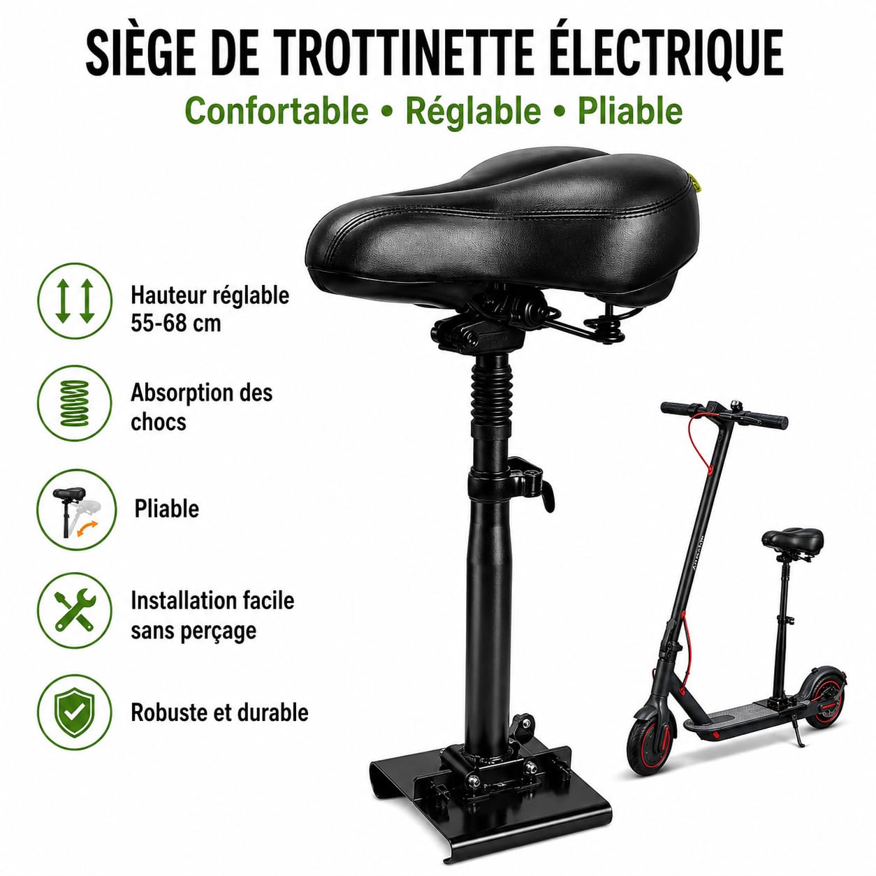 Siège de Trottinette Électrique Compatible Uniquement avec Plateau Incurvé de 13-18 cm Largeur, Antichoc, Pliable, 55-68cm Hauteur réglable, Adulte Selle Trottinette, Accessoire Trottinette Électriqu