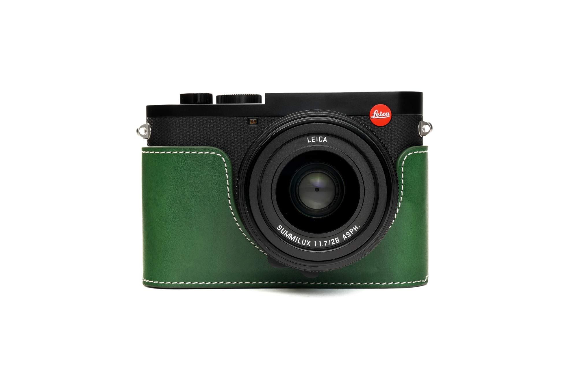 Leica Q2 Camera Case, BolinUS Handmade Genuine Real Leather Half Camera Case Bag Cover for Leica Q2 Camera Bottom Opening Version + Hand Strap (Green)