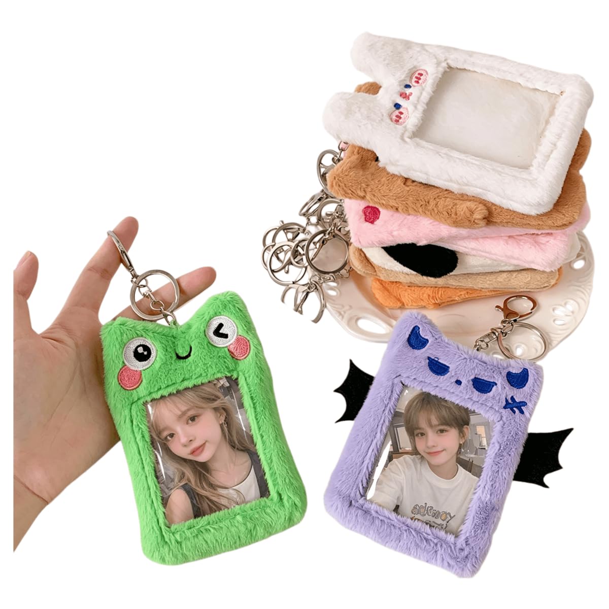Porte-Photo en Peluche Lapin Mignon, Porte-Carte d'Identité avec Porte-Clés, Étui de Protection pour Photocards, Carte Bancaire, Décoration pour Sac à Dos, Cadeau pour Filles et Fans (A09)