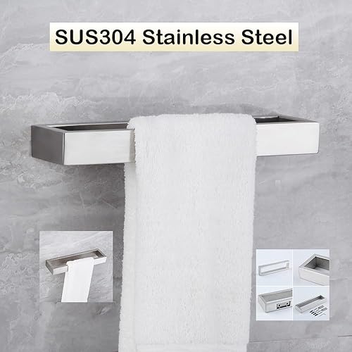 Miniatura 4 de Toallero de baño con anillo montado en la pared, barra de toalla de mano moderna cuadrada estilo toallero de acero inoxidable cepillado, D69018BN