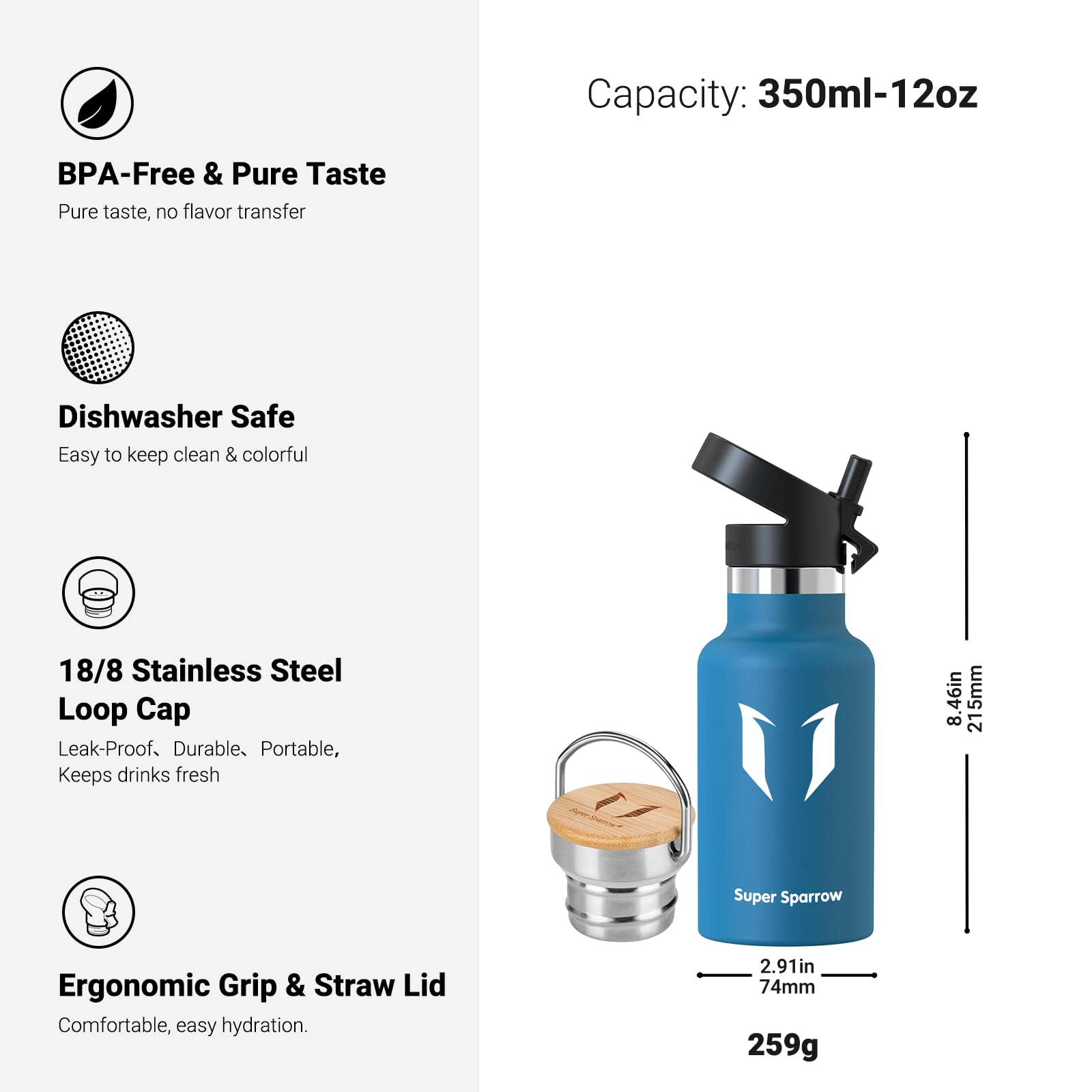 Super Sparrow Borraccia Termica - Bottiglia Termica Senza Perdite - 350ml/500ml/620ml/750ml/1L - Senza BPA Borracce Bambini - Per Scuola, Sport, Campeggio, Palestra, Ciclismo - Con 2 Tappi