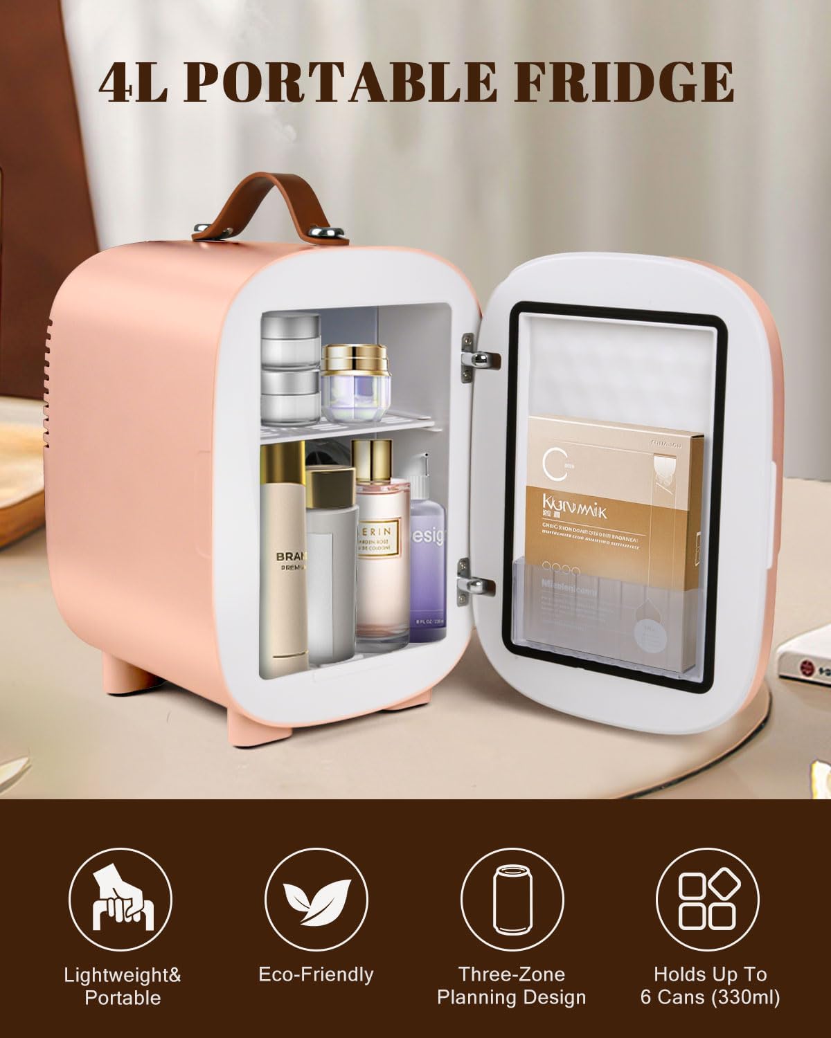 Mini Fridge for Bedroom, 4 Liter/6 Cans Skincare Small Refrigerator, AC/DC Portable Mini Cooler & Warmer, Small Fridge for Camping, Dorm, Office, Car (Pink)