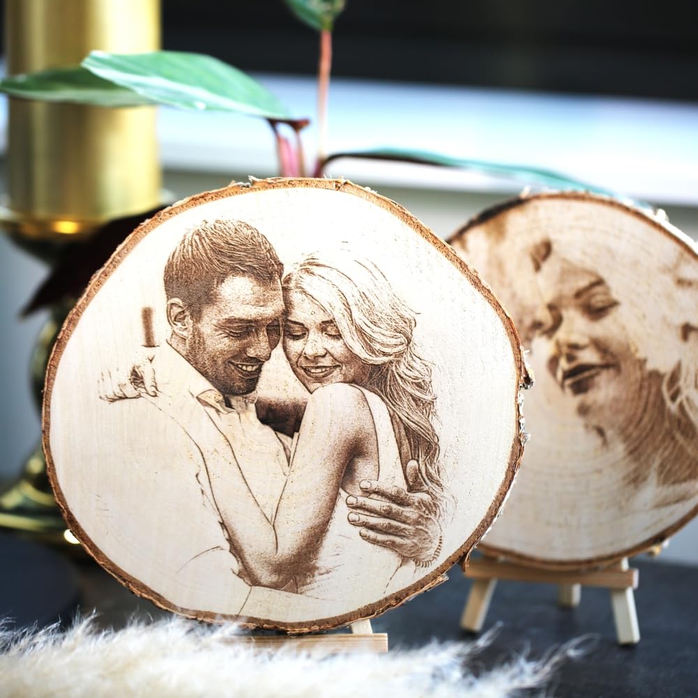 Baumscheibe mit Fotogravur persönliches Geschenk eigenes Foto auf Holz Bild Geschenk Hochzeitstag Hochzeit Geburtstag