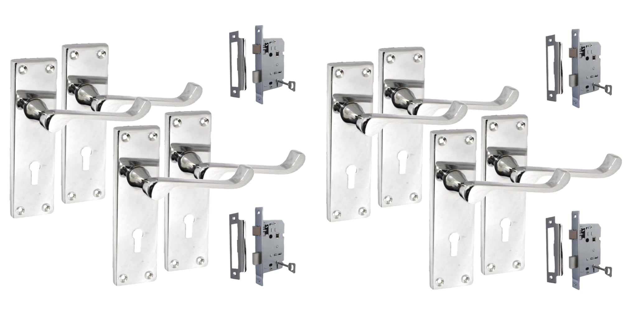 Discount Hardware UK Door Handles Internal Sets - 4 Sets of Victorian Scroll Polished Chrome Door Handle with Door Lock Pack +2 Lever Lock + Hinges (KA) Door Handle Set (4)