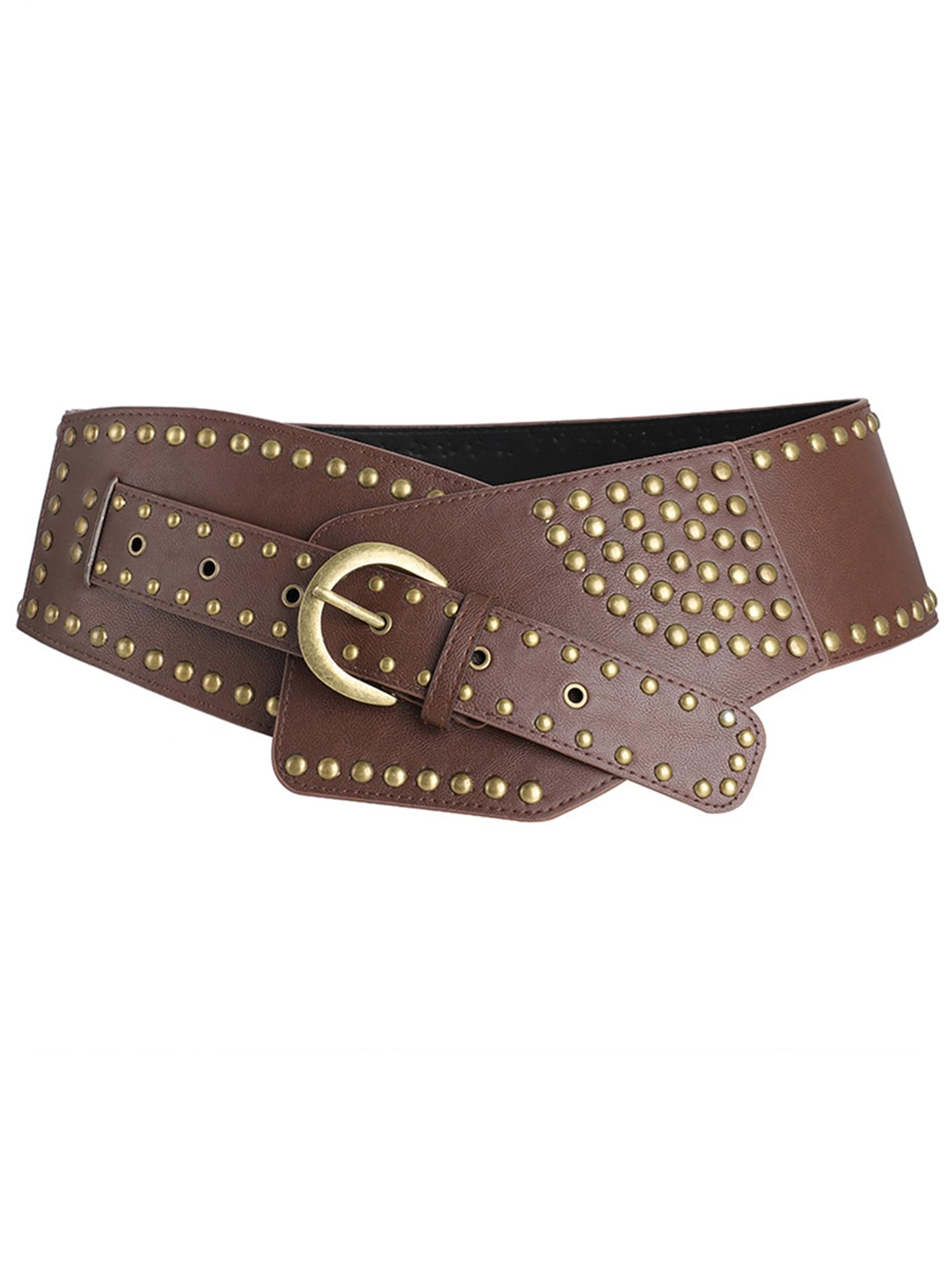 LSFYSZD Women Vintage Personality Disc Belt Hollow-Out Metal PU Leather Waistband Jeans Dress Sweater Decorative Adjustable Belt (Z15716-Brown, One Size)