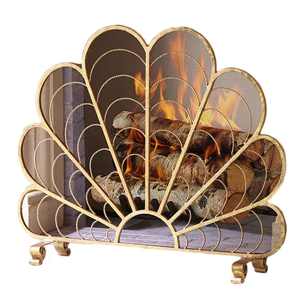 Single Panel Fire Screen for Fireplace and Stove - Gold Fireplace Screen Baby Safe Fireguard - Spark Guard for Kids with Floral Design Decoration