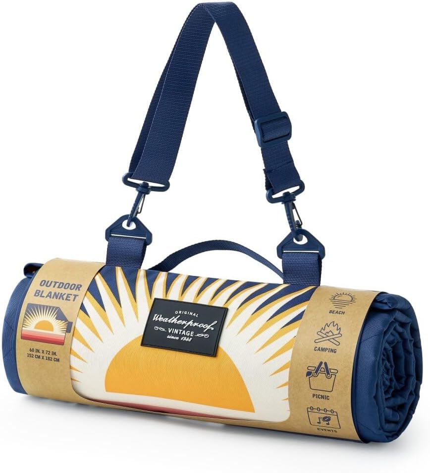 Weatherproof Vintage Waterproof Outdoor Blanket- Blue and Yellow Roll Up Throw Blanket with Handle, Velcro Closure - Camping Supplies, Travel Blanket for Beach, Picnic & Events, 60"x72" (Big Sun)