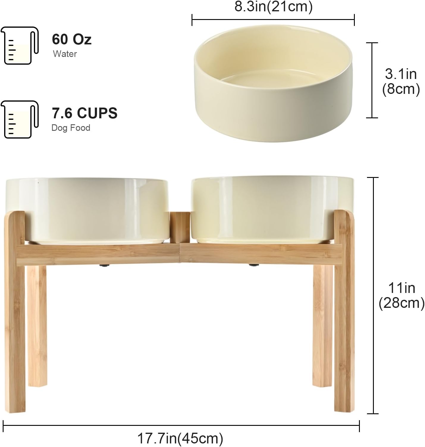 SPUNKYJUNKY Elevated Dog Bowls Ceramic, 8.3'' Dogs Food Water Bowls Raised with Non-Slip Bamboo Stand for Large Sized Breed Microwave Dishwasher Safe - 60 OZ,Beige - Image 2