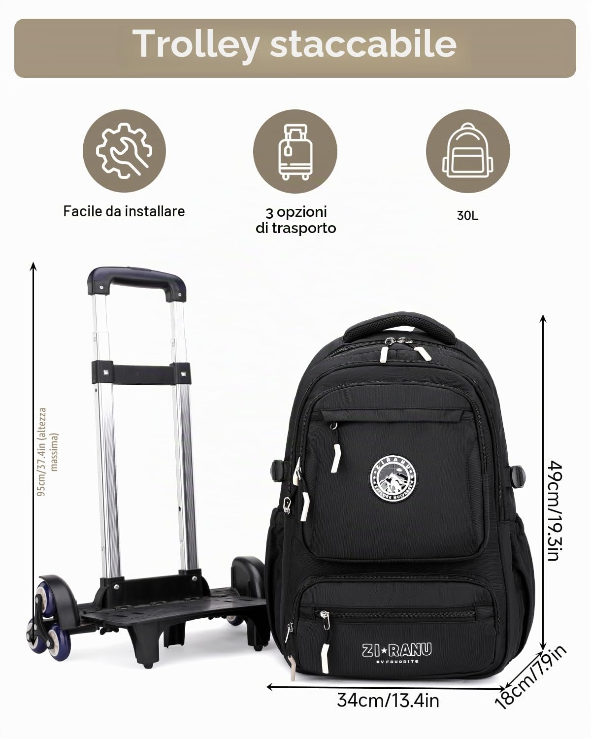 Tanou Zaino Trolley per Ragazzi, Capiente per Scuola Media e Superiore, 30L | Zaini Impermeabile con Ruote, Daypack Casual con Carrello Staccabile per la Scuola e Viaggi, Nero