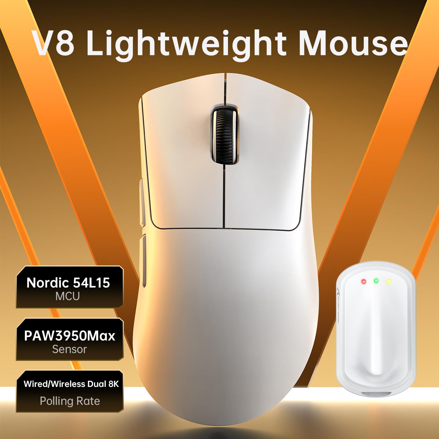 MAMBASNAKE x Attack Shark V8 Wireless Gaming Mouse, 59g Ultra-Lightweight, PAW3950MAX Sensor, Shark 8K Dongle, Tri-Mode (2.4G/Bluetooth/Wired), Right-Hand Ergonomic Design, Web-Based Software - 2
