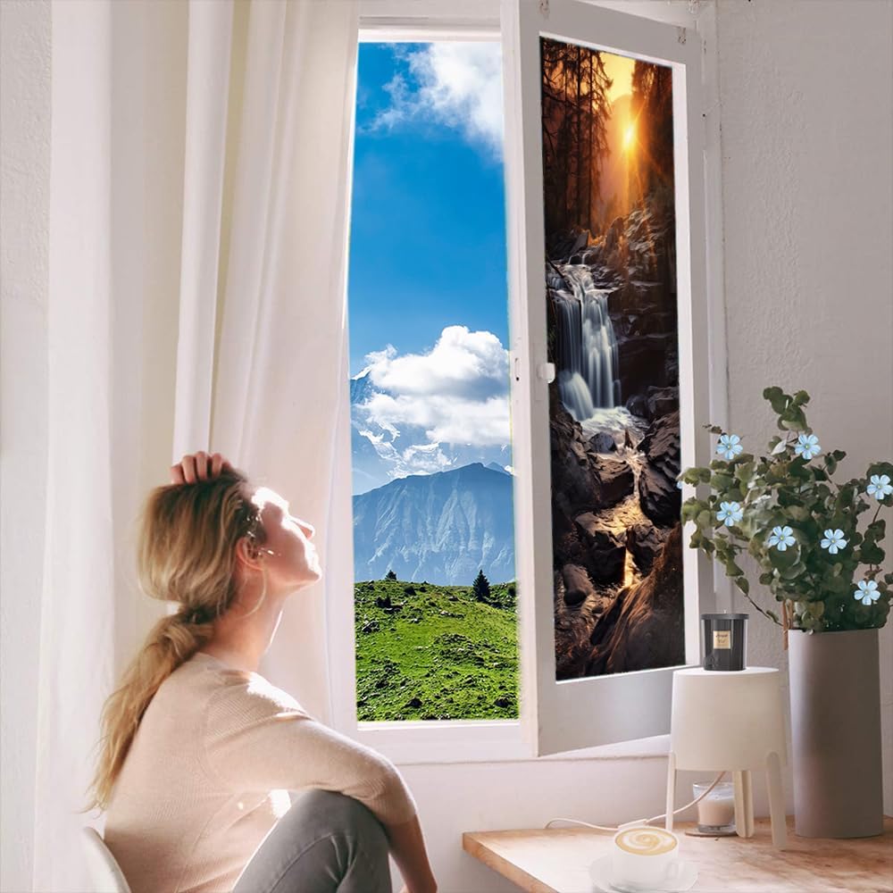 Sunset Over Waterfall Privacy Window Film Woods Nature Landscape Stained Glass Window Coverings Adhesive Sticker Frosted Window Film for Home Office Stores 35.4Wx63L inch