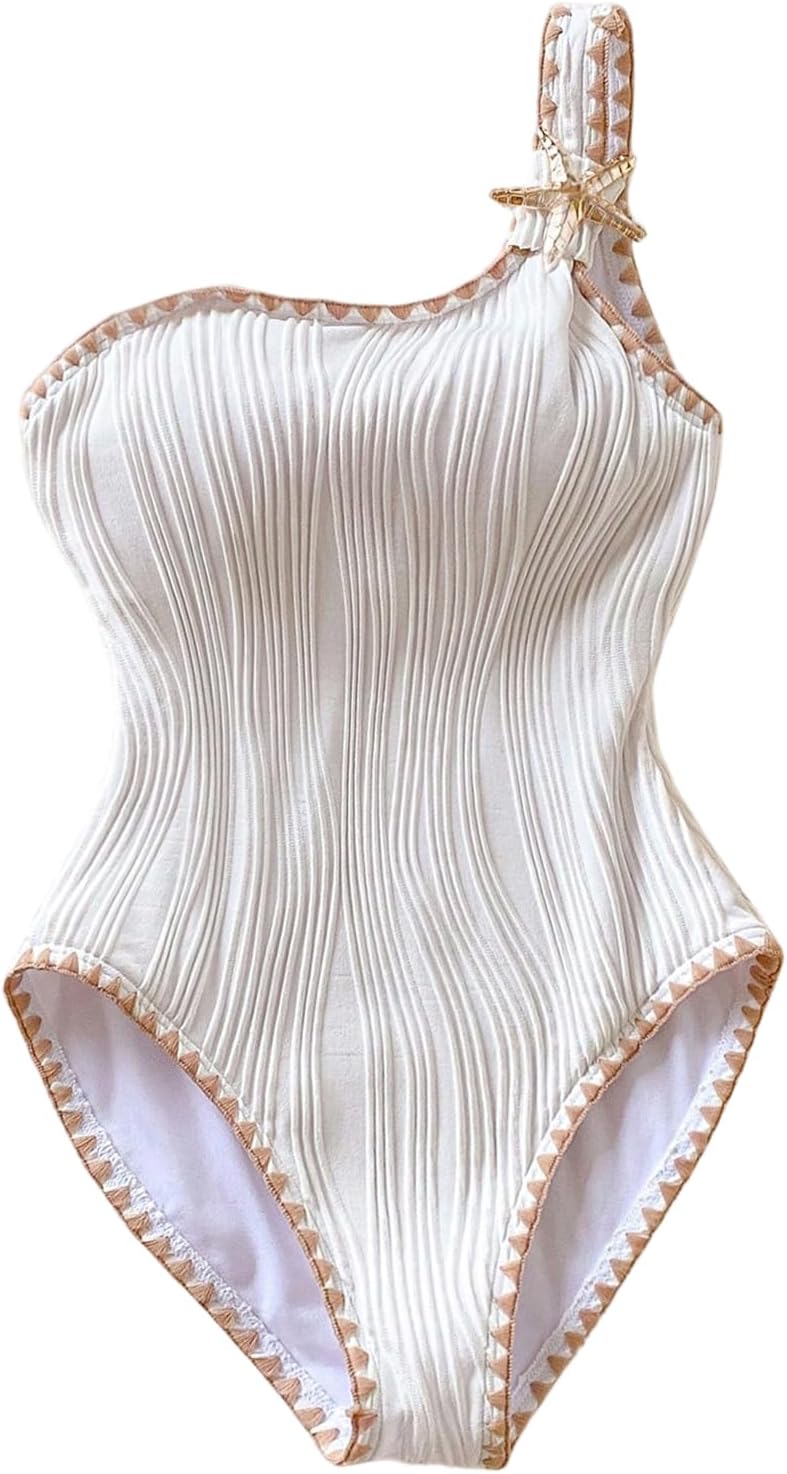 OYOANGLE Girl's One Piece Swimsuit Textured One Shoulder Tummy Control Bathing Suits Cute Swimwear