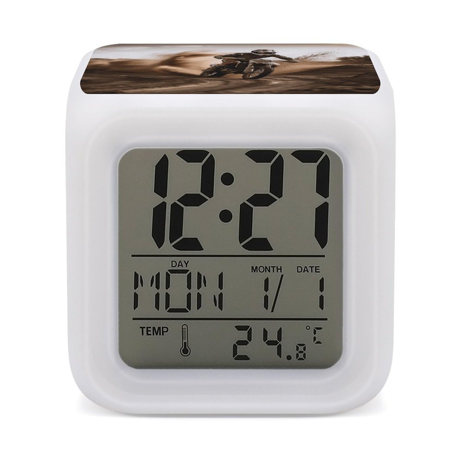 VstaDank Motocross Alarm Clocks with 7 Color Changing Night Light Exquisite Bedroom Digital Clocks with LED Temperature Display Desk Clock Ok to Wake Clocks for Heavy Sleeper