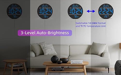 Miniatura 5 de Reloj de pared digital con pantalla LED grande, fecha, temperatura, brillo automático  Pequeño reloj ENCHUFE  Reloj de pared eléctrico moderno para