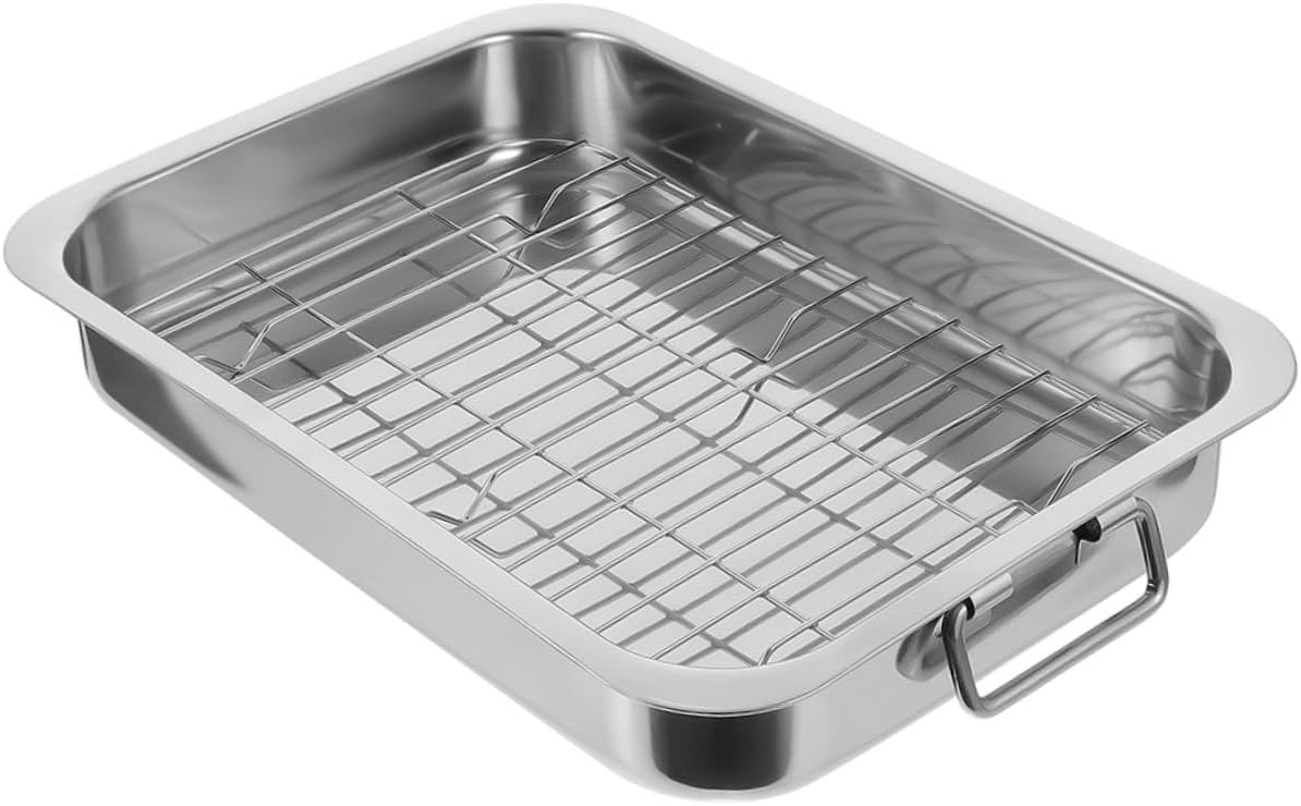 Mikinona 1 Set Stainless Steel Baking Tray with Rack Versatile Ovenware Dish for Home Restaurant Hotel Use for Cake Making Food Storage Space Saving Design