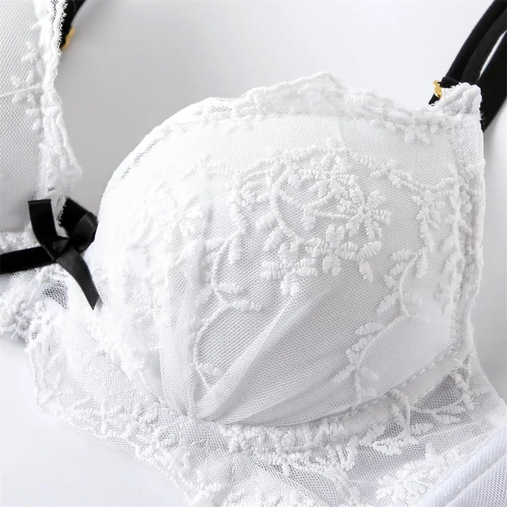 Push-up Bra White Lace and Panties Set Women's Embroidered Underwear Deep V and