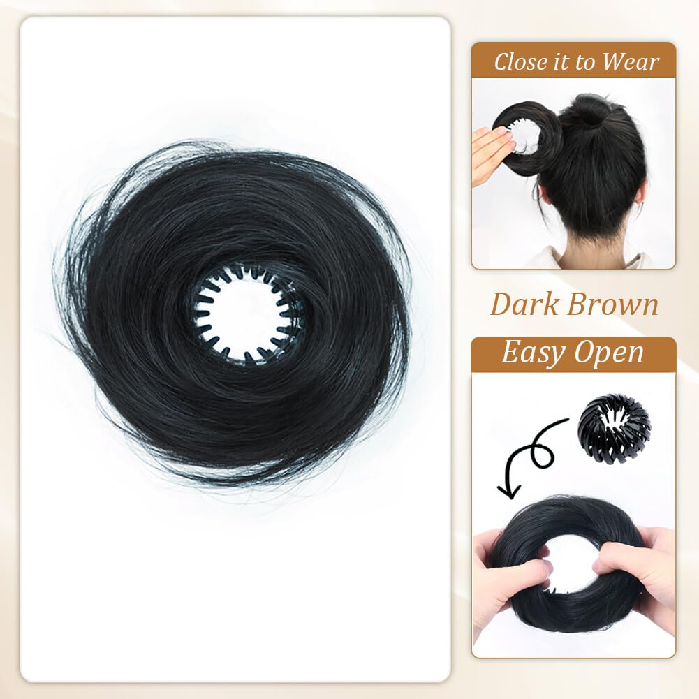 Hair Bun Extension Synthetic Straight Neat Donut Updo Stretchy Ring Claw Clip Fluffy Chignons Scrunchies Ponytail Hairpiece (Jet Black) - Image 2