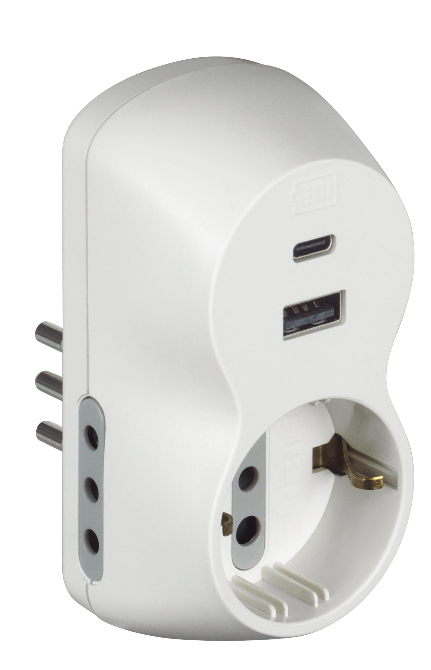 BTICINO Adattatore Advance B3, con Presa Schuko Standard Tedesco, USB A+C, 2 Prese 10A, Spina Piccola 10A, Presa Multipla, Potenza Fino a 1500W, Multi Adattatore Versatile, Colore Bianco, S3613DAC