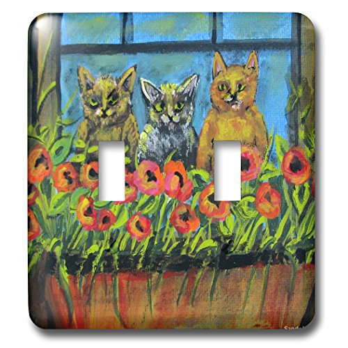 Interrupteur double 3 chats stupides et fleurs rouges 3dRose Lsp_66347_2