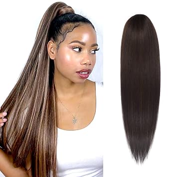 GLAM21USA Straight 28 Inch Long Drawstring Ponytail Extension for Black Women Natural Clip in Hair Extension Fake Ponytail Synthetic Hair Piece 28 Inch, FS4/30