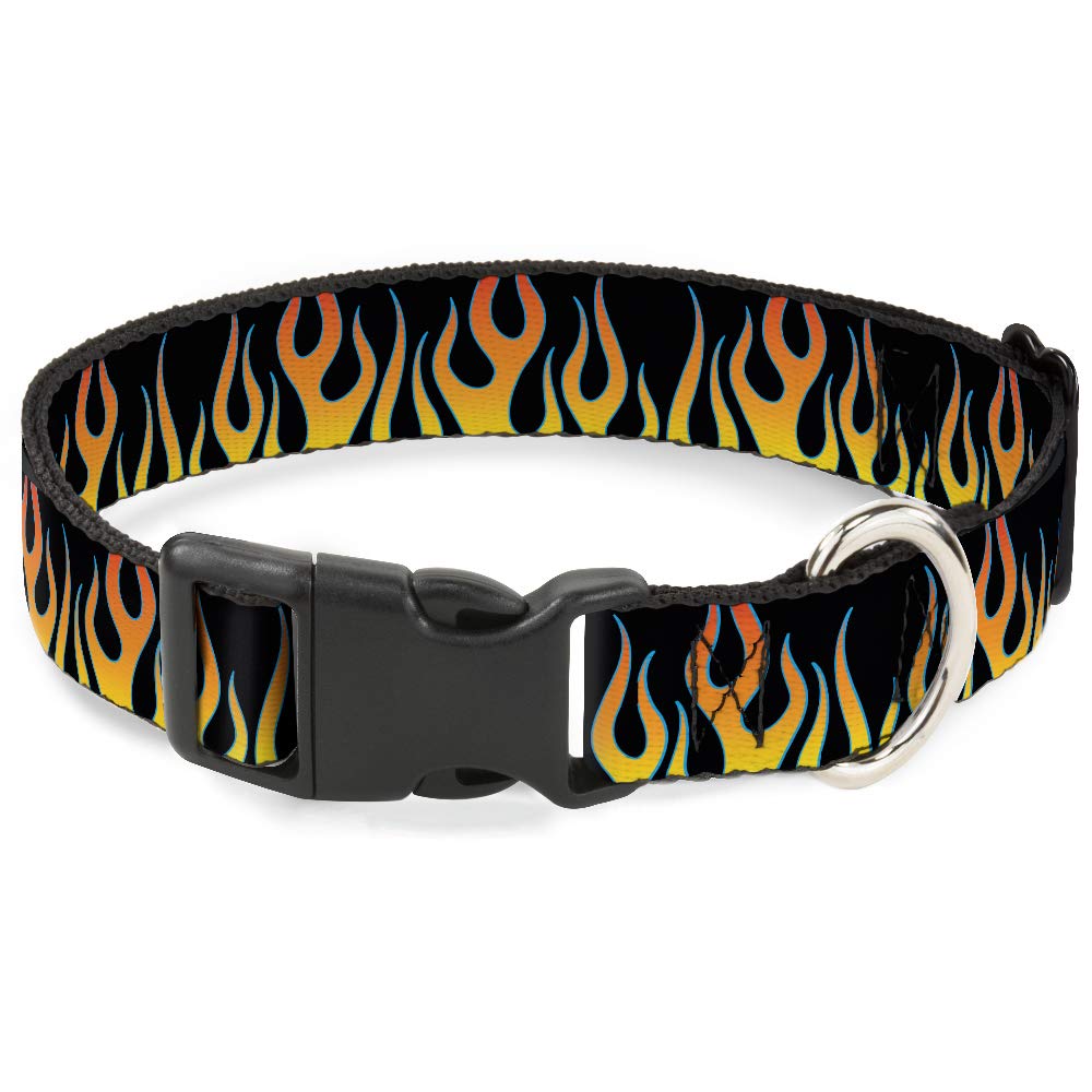 Buckle-Down Plastic Clip Collar - Flames Black/Yellow/Orange - 1" Wide - Fits 11-17" Neck - Medium