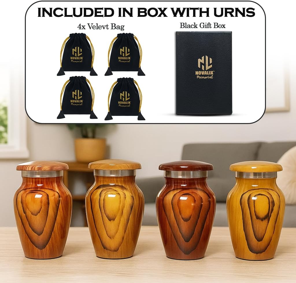 Wooden Print Mini urns for Human Ashes - Decorative Small Cremation Urn for Adult Male & Female - Keepsake Urns for Ashes for Cherished Memories with 4 Velvet Bags - (Set of 4)