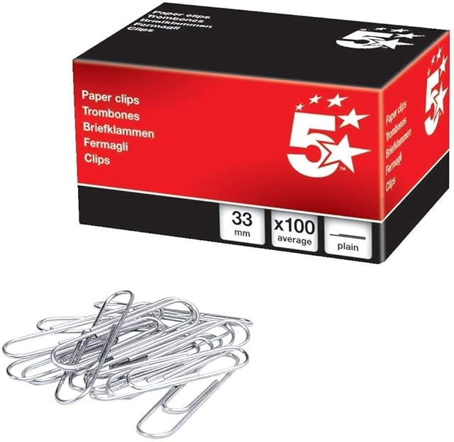 5 Star 505337, 503352 Paperclips Metal Large 32mm Plain [Pack of 100]