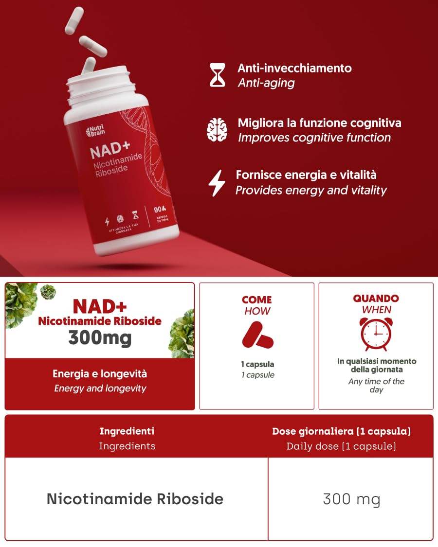 NAD+ Assorbimento ottimale Nicotinamide Riboside 300 mg | 90 Capsule | Anti-età e anti-stanchezza | NAD+ Booster, Energia Cellulare e Vitalità | Senza Glutine | Senza OGM