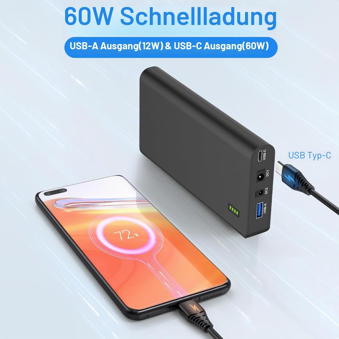 TalentCell Lithium-Ionen-Akku-Pack NB7102, wiederaufladbar, 17500 mAh, 64.75 Wh, Li-Ion-Powerbank mit DC 24/19/5 V und USB-C 5/9/12/15/20 V Ausgang für Laptop, Notebook, Kamera und mehr, Schwarz