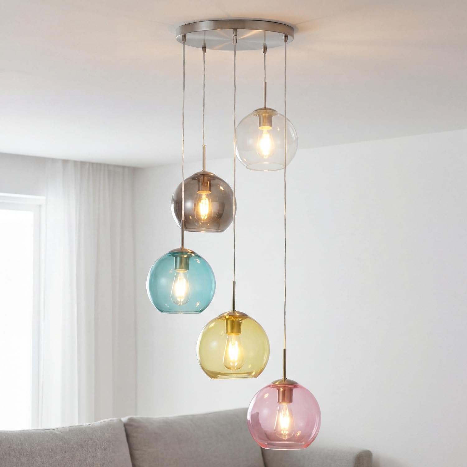 Lampada a sospensione in vetro colorato Ø 50 cm H: max. 1,2 m paralumi a sfera orientabili 5 fiamme E27 lampada a sospensione tavolo da pranzo soggiorno