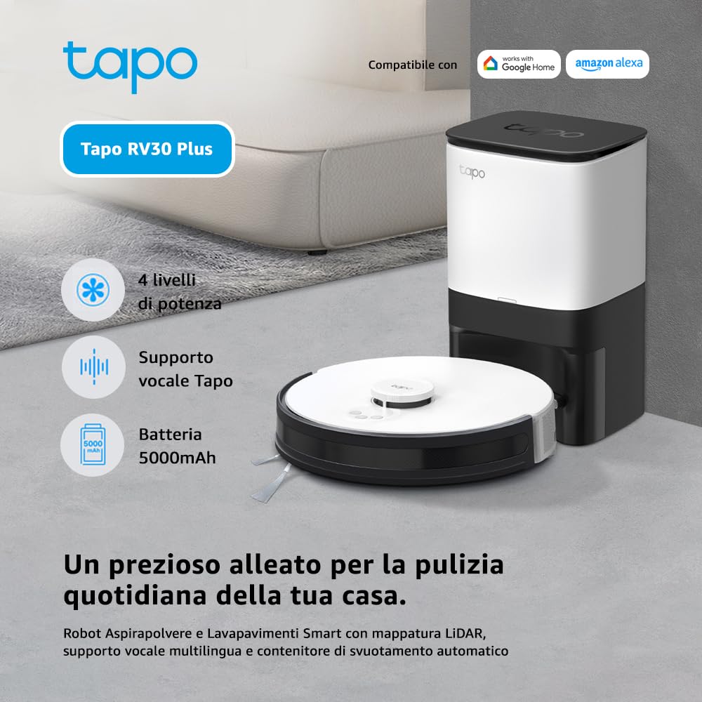 TP-link Tapo RV30 Plus, Robot Aspirapolvere Lavapavimenti, Aspirazione Potenza 4200Pa, Navigazione LiDAR, Mappatura Rapida, Batteria da 5000mAh, Dock di Svuotamento Intelligente, APP&Alexa&Google