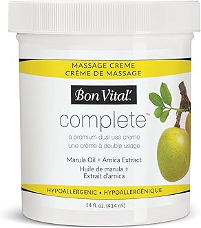 Bon Vital Complete Massage Creme, 14oz Jar, Unscented Non-Greasy Cream with Marula, Olive & Jojoba Oils, Hypoallergenic Moisturizer for Professional or Home Use, Premium Dual-Purpose, Massage Therapy