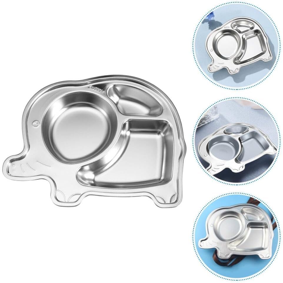 Image of Happy Hues Stainless Steel Divided Meal Plate Tray-3 Compartments Dinner Dish for Baby (Elephant)