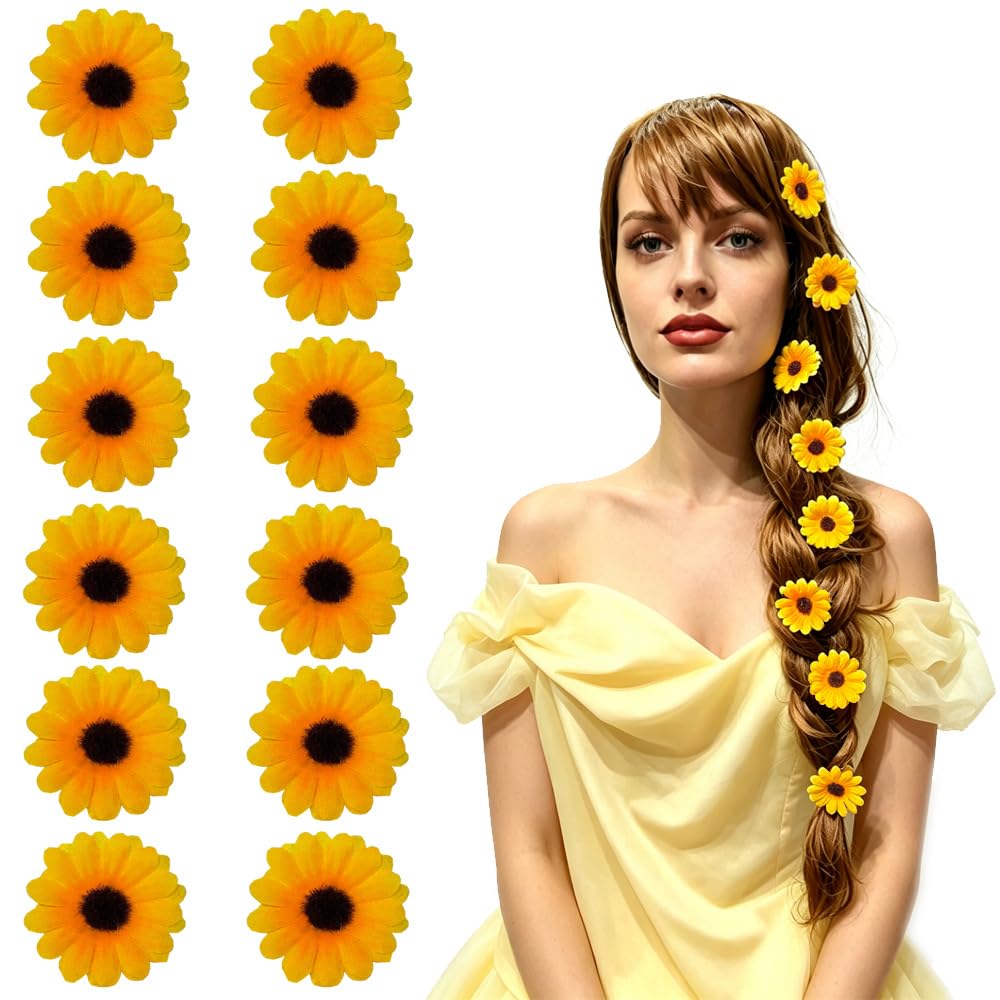 [12 Packed] Women Sweet Mini Sunflower Side Hair Clip Beach Wedding Flower Bridesmaid Hair Accessory(Yellow Tiny Petals, 1.5 inches)