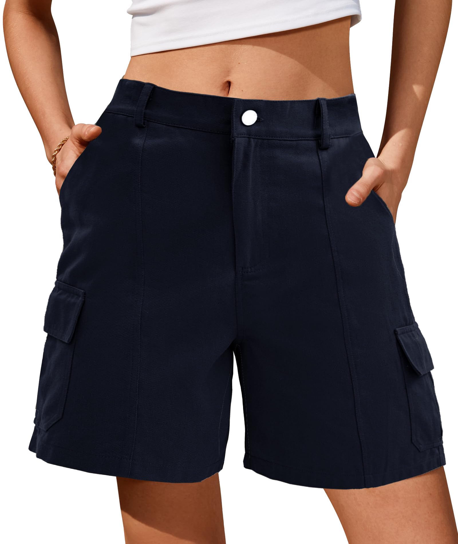 Women Cargo Shorts Bermuda Knee Length Button Elastic Waist Hiking Long Shorts with Pockets Summer Outfits