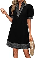 Wenrine Women's Summer V-Neck Puff Sleeve Boho Beach Shift Dress with Pockets - Casual Color Block Loose Fit