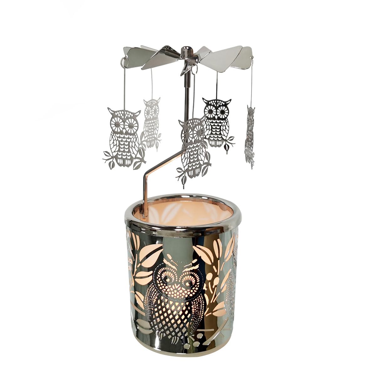Adkinzim Silver Owl Rotary Candle Holder Spinning Tea Light Candleholder Carousel Candlestick Holder For Mothers And Children Festival Gift (Silver Owl)