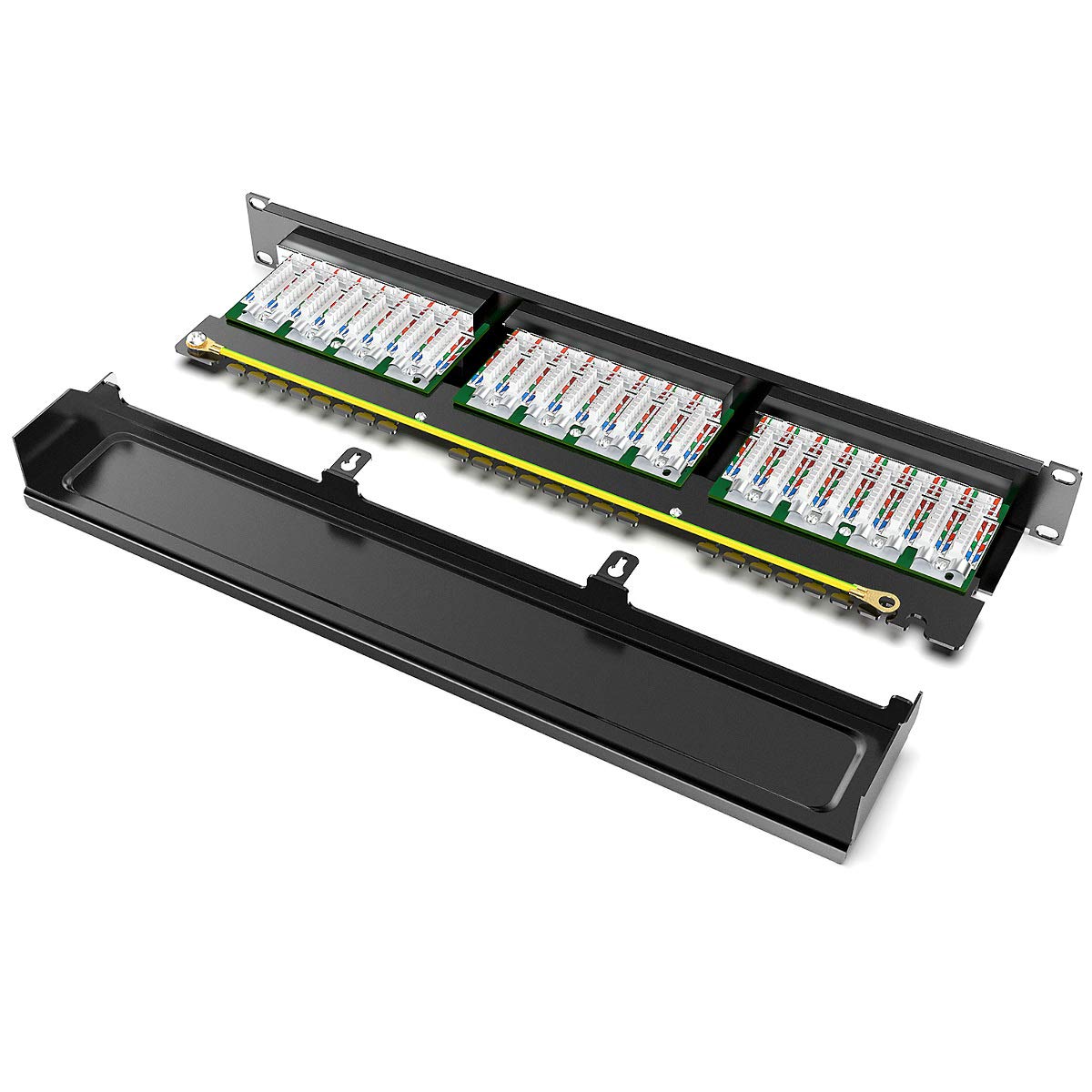 kwmobile Patch Panel 24 Porte 19" - Pannello Patch Cat 6 schermato - Distributore cat6 con Cavo per Messa a Terra e Materiale per Montaggio