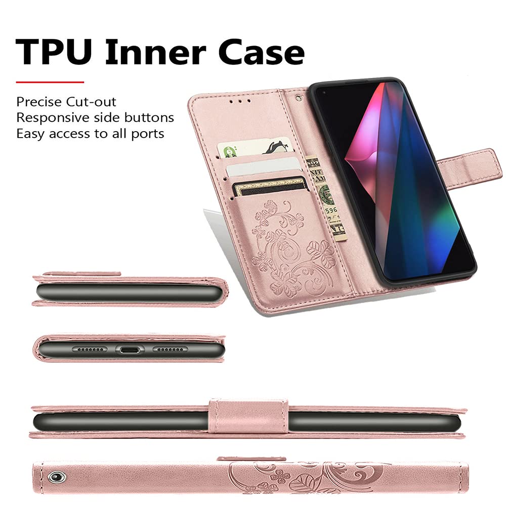 RonRun Cover A Portafoglio In PU Pelle Per Oppo A94 5G, Flip Con Stampa Quadrifoglio E Chiusura Magnetica, Rosa Oro - 2